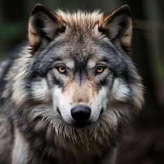 a wolf looks at the camera with an intense look on his face