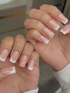 Upgrade Your Look Now With 24 PCS Long Square False Nails Full Cover With White Heart Shape And French Design, Suitable For Women And Girls | SHEIN USA Nails Ideas For A Wedding, Heart On French Tip Nails, French Nails Tips White, White And French Tip Nails, French Nails White Design, French Tip Square Nails With Design, Nail Inspo With Hearts, Nails French With Heart, Nail Inspo Square French Tip