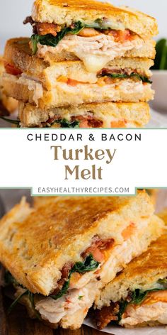 grilled chicken and bacon turkey melt sandwich stacked on top of each other with text overlay