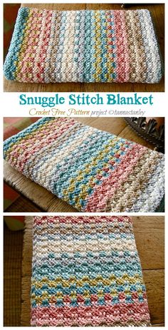 three different pictures of the same crocheted dishcloth on a wooden table with text overlay that says, snuggle stitch blanket