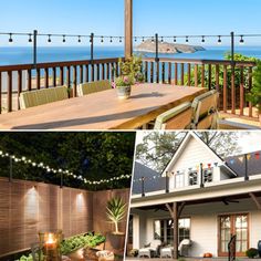 an outdoor dining area and patio with lights on the deck, along with a view of the ocean