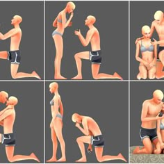 multiple images of a man and woman in swimsuits with their hands on each other's hips