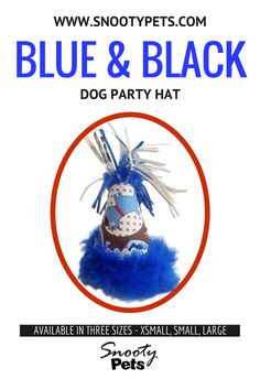 blue and black dog party hat with feathers