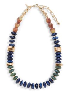 Blue Beaded Necklace | Banana Republic Cheap Glass Beaded Necklaces With Lobster Clasp, Elegant Jewelry With Colorful Oval Beads, Gold Costume Jewelry Beaded Necklaces With Gemstones, Gold Rondelle Beaded Necklaces, Gold Beaded Necklace With Gemstone For Costume Jewelry, Gold-tone Beaded Jewelry, Gold Jewelry With Colorful Oval Beads, Elegant Rondelle Beaded Necklaces With Colorful Beads, Mixed Beads Necklace