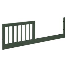 a green metal bed frame with bars on each side and bottom rail at the end