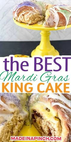 the best mardi gras king cake is on a yellow plate and has been cut in half