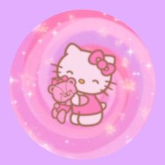 a pink hello kitty frisbee with a teddy bear on it's chest