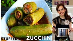 a woman holding a pot full of food next to an image of stuffed zucchini