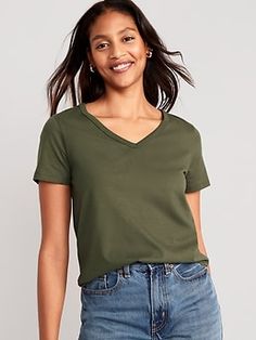 Our EveryWear T-shirts are super-soft, with a comfortable, relaxed fit.  Wear 'em with everything ✔️ Rib-neck V-neck.  Short sleeves.  Cloud-washed 100% cotton-jersey.  #544320 Relaxed fit through body.  Women's EveryWear T-shirt hits below the w Casual Green V-neck Short Sleeve Top, Casual V-neck Top With Short Sleeves, Casual V-neck Short Sleeve Top, Green V-neck T-shirt For Everyday, 12 Blueprints, Face Fashion, Dark Autumn, She Is Clothed, Spring Capsule Wardrobe