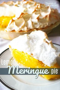 lemon meringue pie on a plate with the words lemon meringue pie