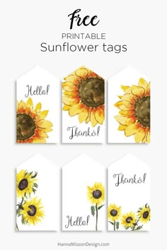 sunflower tags with the words free printable and watercolored flowers on them