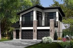 this is an artist's rendering of the front elevation of these modern house plans