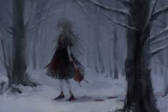 a painting of a woman walking through the woods in winter with snow on her feet