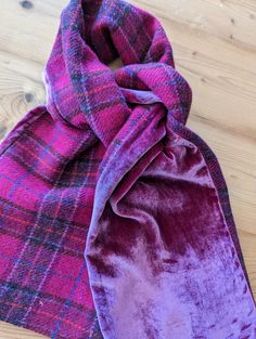 Harris Tweed & Velvet Scarves Our Tweed and Velvet scarves are made from iconic Harris Tweed. This exceptionably hard-wearing yet versatile fabric is the perfect accompaniment to the soft elegance of velvet. Each scarf features the world renowned Royal Orb that is characteristic of Harris Tweed and exemplifies their quality. The scarves are backed with silk velvet in a toning, sometimes contrasting shade, and they have proved to be immensely popular. They measure approximately 61" x 8.5" and com Velvet Pattern, Tweed Bag, Velvet Scarf, Scarf Wool, Scarf Sale, Bowling Bags, Velvet Color, Harris Tweed, Purple Velvet