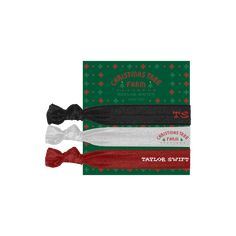 three christmas hair ties in different colors and designs, one with a bow on it