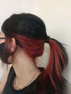 Long Black Hair With Red Underneath, Black Hair With Copper Peekaboos, Different Hair Color Techniques, One Red Streak In Hair, Red Under Layer Hair, Red Underside Hair, Red Front Pieces Of Hair, Black Hair Red Peekaboo