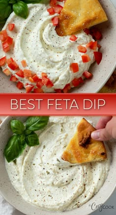 feta dip with a piece of bread being dipped into it Garlic Feta Dip, Whipped Garlic, Best Chip Dip, Feta Cheese Dip, Chip Dip Recipes, Whipped Feta Dip, Cold Dip Recipes, Cream Cheese Recipes Dip, Greek Yogurt Dips