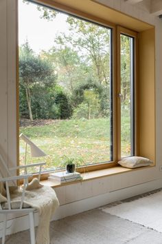 a chair sitting next to a window in a room