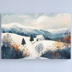 a painting of a snowy landscape with trees and mountains in the background