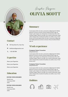 a professional resume with green accents and an image of a man in a green shirt