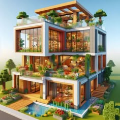 this is an image of a modern house in the middle of trees and plants on the balconies