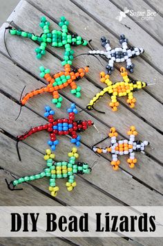 bead lizards on a wooden deck with text overlay that says diy bead lizards