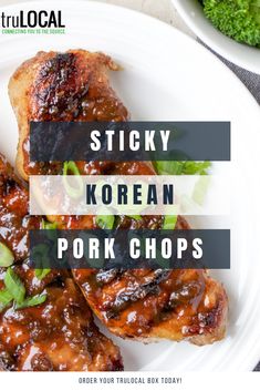 sticky korean pork chops on a white plate with broccoli