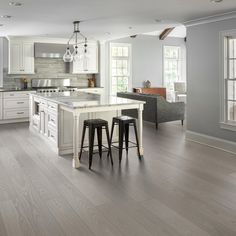 a kitchen with two stools and an island