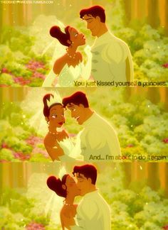 the princess and the frog kissing each other