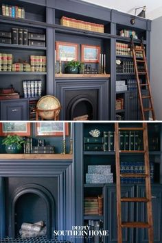 two pictures of bookshelves with shelves and ladders in the middle one is painted dark blue