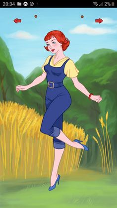 a woman in blue dress running through a field with yellow grass and trees behind her