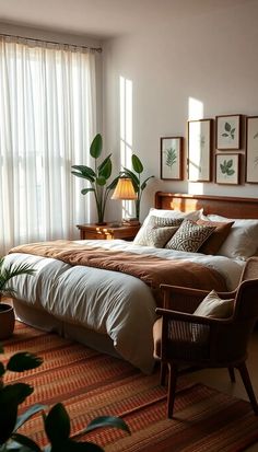 a bed sitting next to a window with lots of plants on top of the bedspread