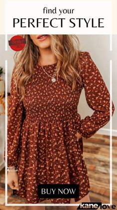 Ditsy Floral Smocked Balloon Sleeve Mini Dress Casual Smocked Bodice Dress For Fall, Fall Smocked Mini Dress, Casual Long Sleeve Smocked Dress With Floral Print, Fall Mini Length Smocked Dress, Casual Brown Smocked Back Dress, Fall Mini Smocked Dress, Casual Brown Smocked Dress, Brown Smocked Back Top For Spring, Flowy Smocked Dress With Floral Print For Fall