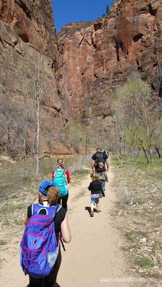 three people with backpacks walking down a dirt path