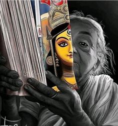 a painting of a woman holding a stack of books in front of her face and looking at the camera