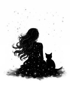 a woman sitting on the ground next to a cat and looking at stars in the sky