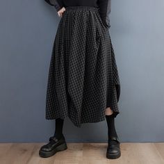 Lasaky - Dark Linen Grid Asymmetrical Pleated Midi Skirt Black Plaid Skirt, Patchwork Denim Skirt, Cotton Skirts, Skirts Summer, Bubble Skirt, Half Skirt, Linen Maxi Dress, Black Midi Skirt, Asymmetrical Skirt