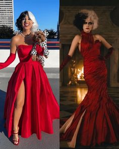 two pictures of women in red dresses and one is holding a teddy bear