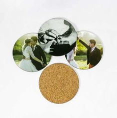 cork coasters with photos of people and their wedding pictures on them, arranged in the shape of circles