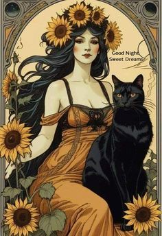 Queen Of Wands Illustration, Sunflower Fantasy Art, Art Nouveau Sunflower, Black Cat Art Witches, Queen Of Wands Tattoo, Black Cat Iphone Wallpaper, Sunflower Witch, Witch Cat Art, Art Nouveau Cat