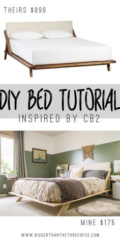 the bed frame is made from wood and has white sheets on it with text overlay that reads diy bed tutorial inspired by cb2