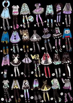 a bunch of different types of clothes and shoes on display in front of a black background