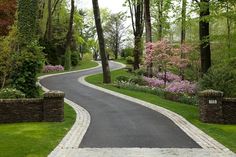 a winding road in the middle of a lush green park with trees and flowers on both sides