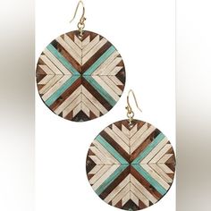 New In Package Round Wooden-Looking Earrings Natural Light Wood-Look, Dark Wood-Look, And Painted Turquoise Aztec Pattern Measures Approx 2" In Diameter Hand Painted Earrings Wood, Western Aztec, Boho Color, Hand Painted Earrings, Painted Earrings, Aztec Pattern, Wood Pendant, Hand Painted Wood, Wooden Earrings