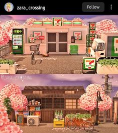 two pictures of the same store front and side by side with pink flowers growing out of it