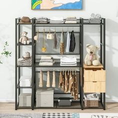 an organized closet with clothes, toys and other items on shelves in front of a painting