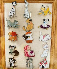 a wooden frame filled with lots of different types of cartoon characters on it's sides