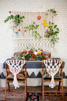 two pictures side by side, one with flowers and the other with macrame