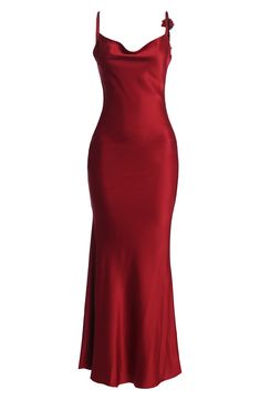 Slinky meets stunning in this chic gown cut from liquid satin and detailed with flower-embellished straps across the revealing back. Slips on over head Cowl neck Adjustable straps Lined 96% polyester, 4% spandex Hand wash, dry flat Imported Satin Gown Designs, Red Formal Dresses, One Shoulder Dress Long, Red Silk Dress, Maxi Design, Red Maxi Dress, Liquid Satin, Exquisite Gowns, Corsets And Bustiers