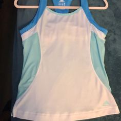 Adidas Women’s Athletic Tank Top With Shelf Bra Size: M Colors: White, Blue, & Mint Adidas Thermo System Cool Ats Pre-Owned, In Excellent Condition! Practically Brand New! Adidas Summer Workout Tops, Adidas Blue Sleeveless Top, White Stretch Adidas Tops, Adidas Tops, Blue Adidas, Quinceanera Dresses, Shelf Bra, Bra Sizes, Adidas Women